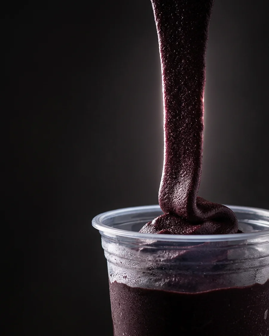 Fio grosso e denso de açaí caindo dentro de um copo transparente.