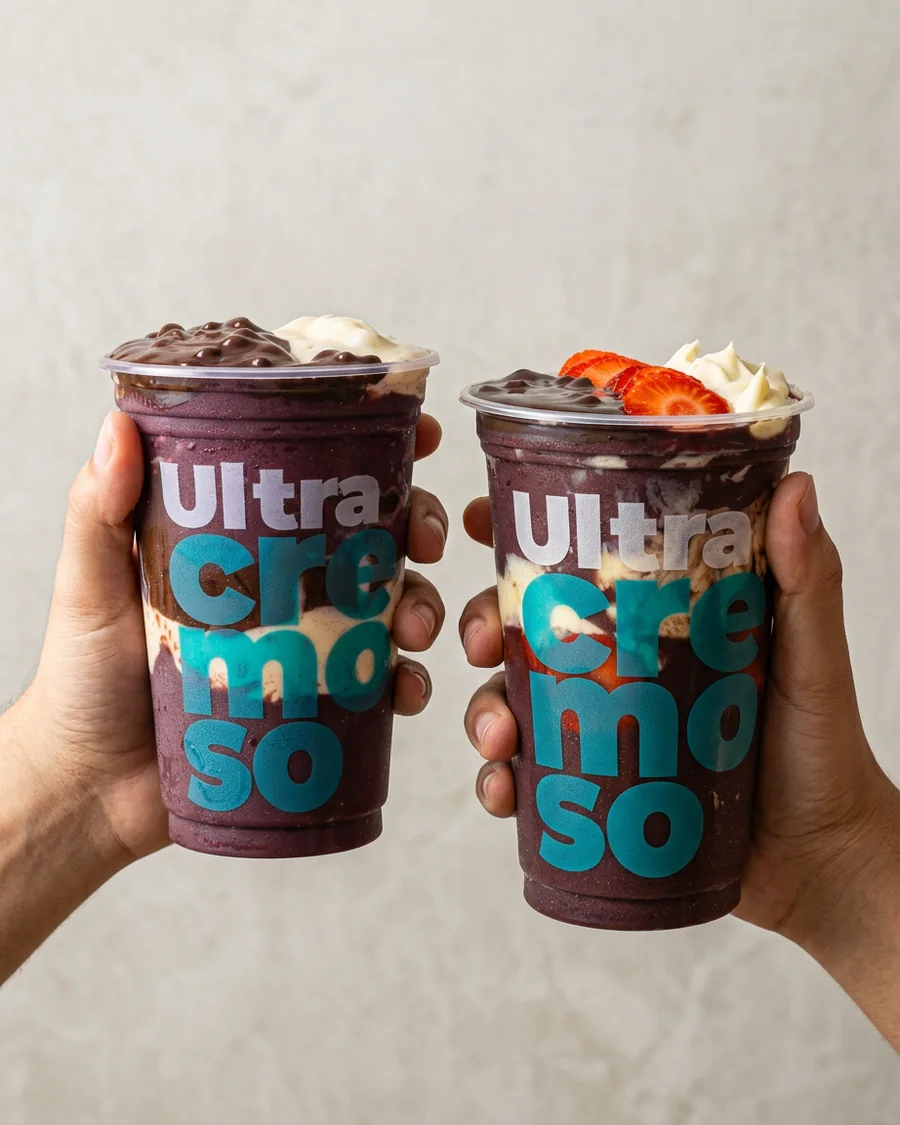 Duas mãos segurando dois copos de açaí Ultraçaí montados, lado a lado.