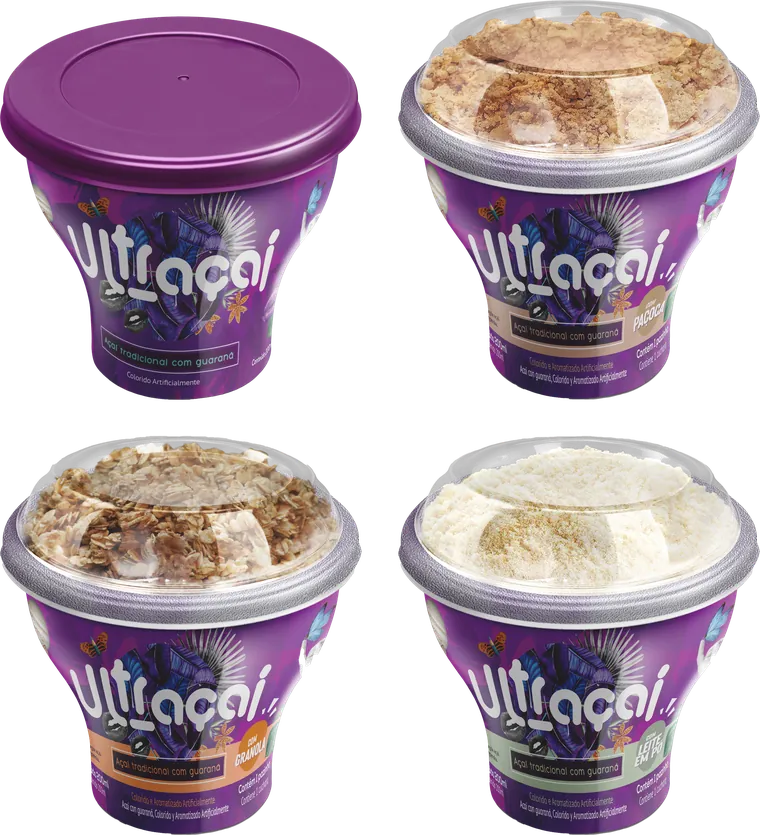 As quatro versões do copo de 200ml: tradicional, com paçoca, com granola e com leite em pó.