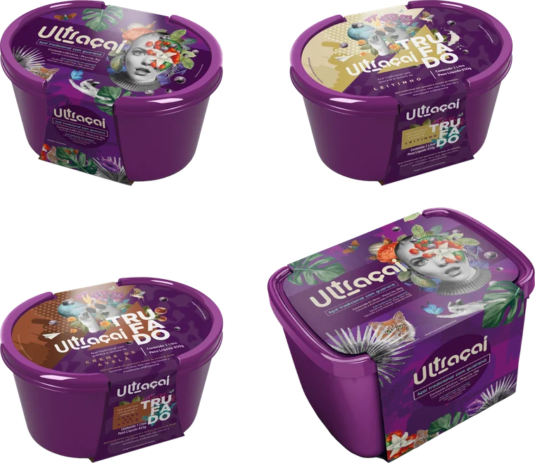 Os quatro potes Ultraçaí: três de 1 litro e um de 2 litros, maior que os demais.